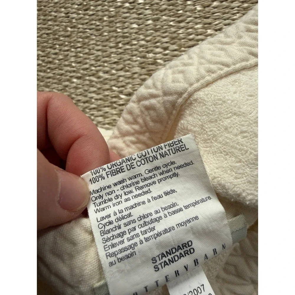 Pottery Barn Organic Cotton pick stitch Quilted Pillow Sham Ivory Portugal
